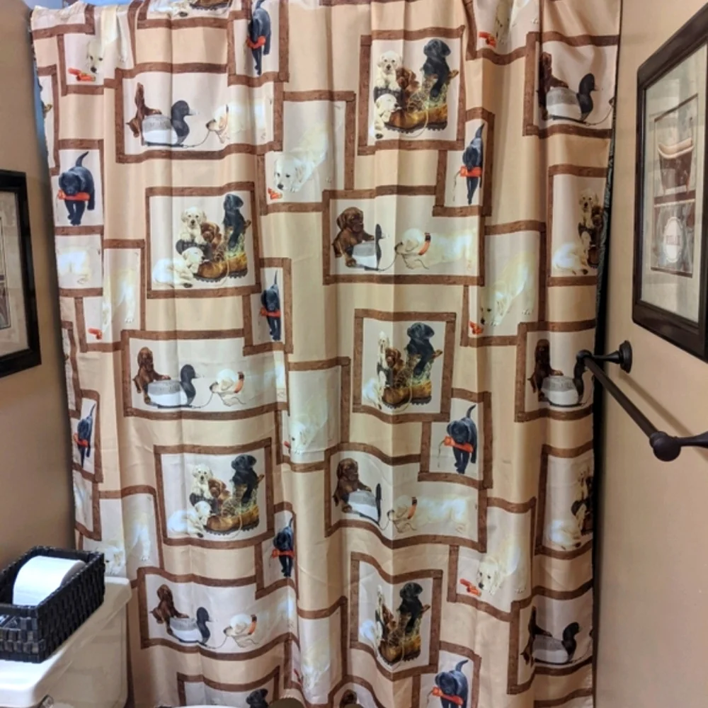 EUC Bacova Tan Shower Curtain w/Fun Retriever Puppies Design Sz 72